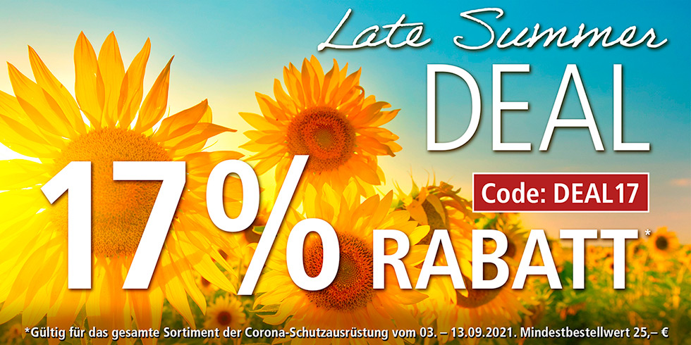 LATE SUMMER DEAL - 17% Rabatt auf das gesamte Sortiment der Corona-Schutzausrüstung, Code: DEAL17, 03.09.-13.09.2021, HELLER MEDIZINTECHNIK