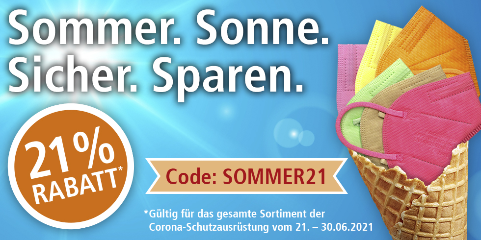 Sommer. Sonne. Sicher. Sparen. 21% Rabatt auf das gesamte Sortiment der Corona-Schutzausrüstung, Code: SOMMER21, 21.06.-30.06.2021, HELLER MEDIZINTECHNIK