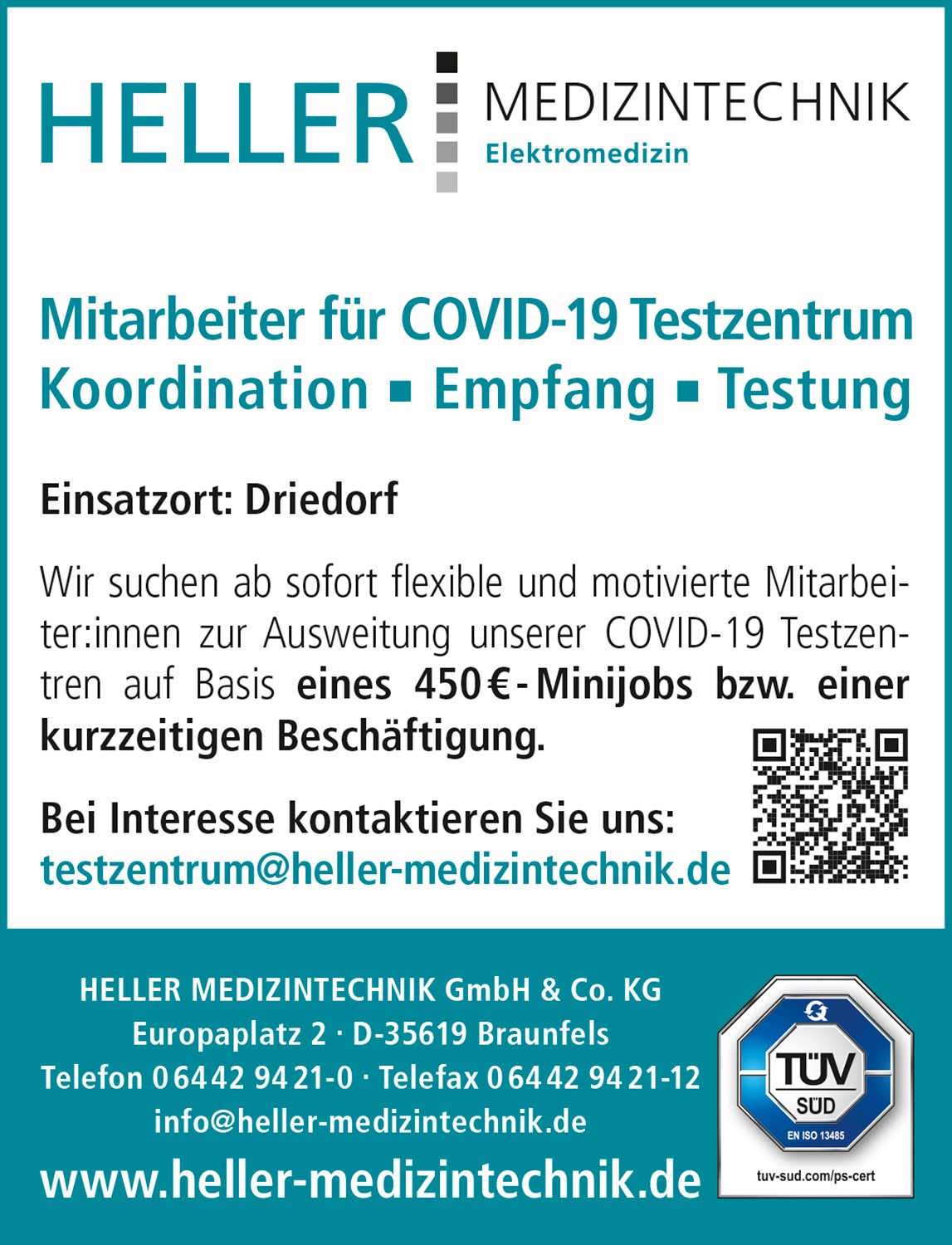 Stellenanzeige Testzentrum Driedorf-Seilhofen