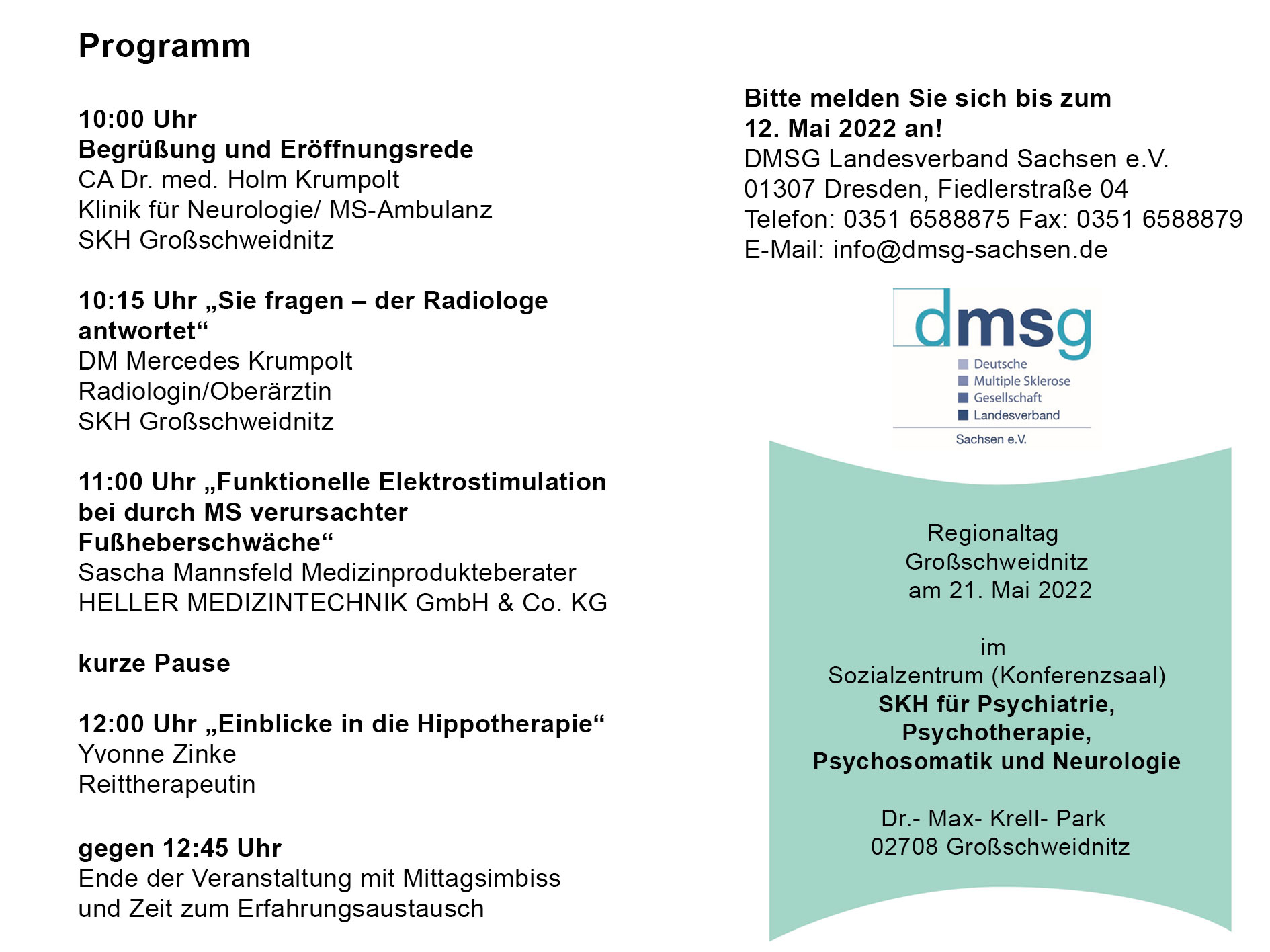 DMSG Landesverband Sachsen e. V.: Regionaltag in Großschweidnitz am 21. Mai 2022