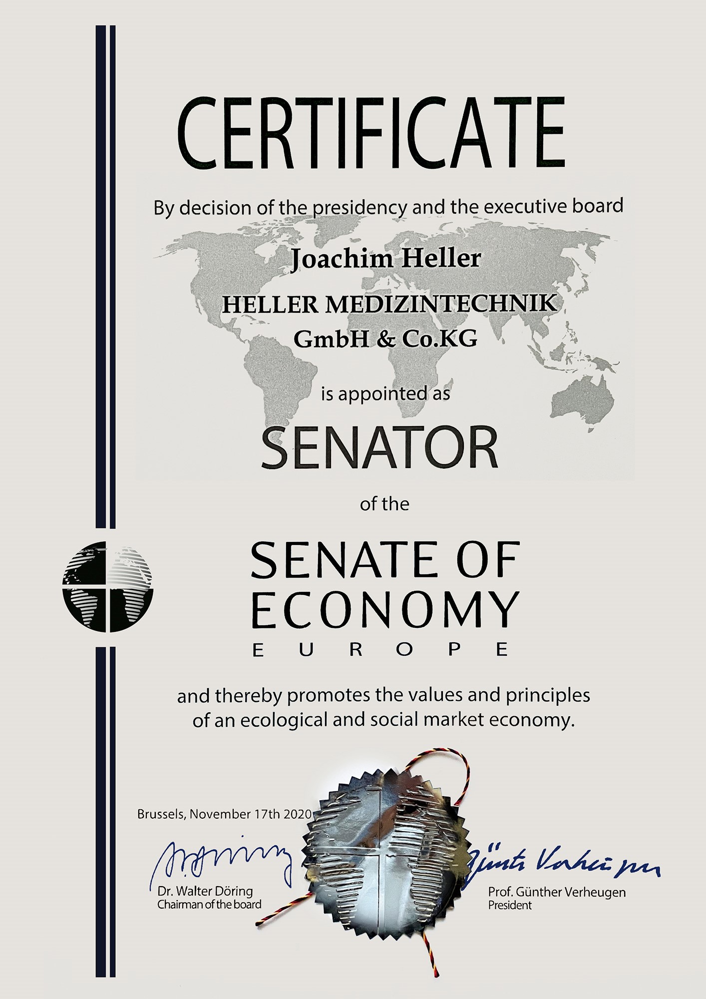 Joachim Heller | Geschäftsführer von HELLER MEDIZINTECHNIK GmbH & Co. KG | Zertifikat: SENATOR of the SENATE OF ECONOMY EUROPE